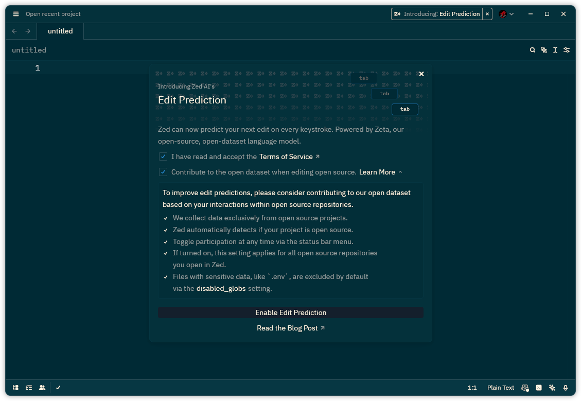 zed edit prediction feature opt in dialog with a lot of text related to agreeing terms of service and contributing to the open dataset