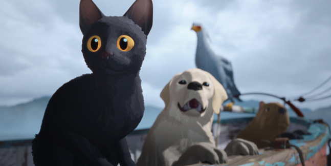 a cat, dog, beaver, and a secretarybird are seen chilling on a boat