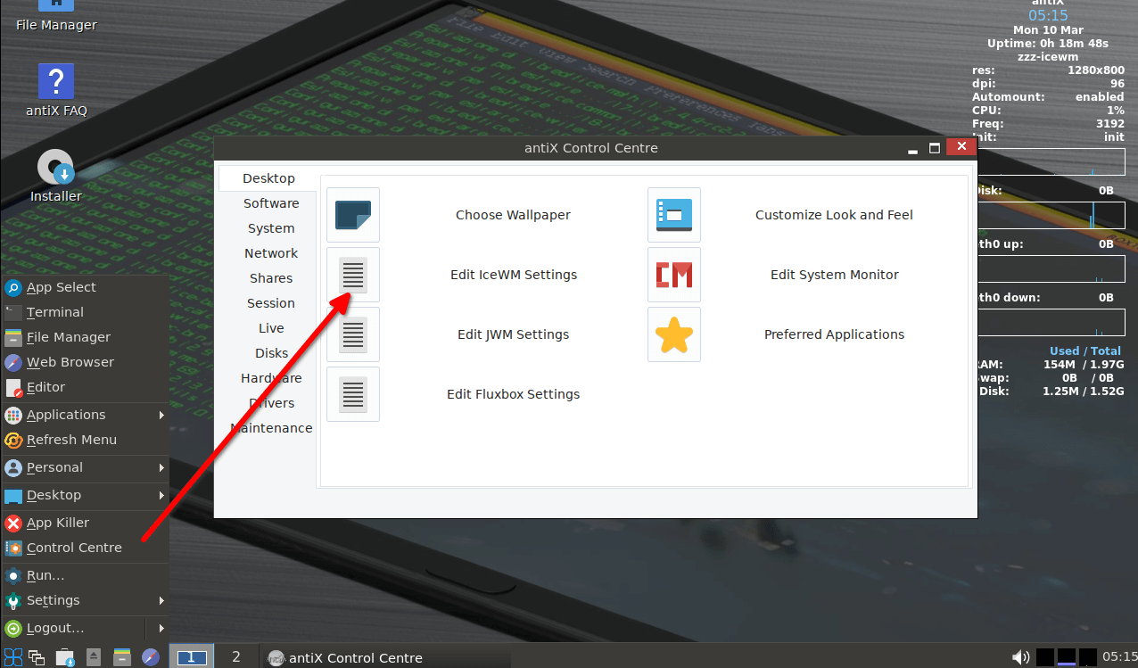 icewm settings inside the antix control centre