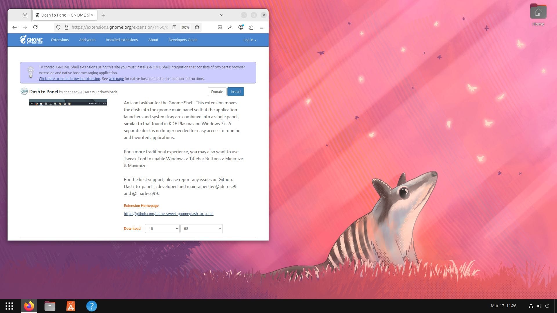 dash to panel running on a ubuntu 24.04 system with the gnome extensions webpage for it open on firefox