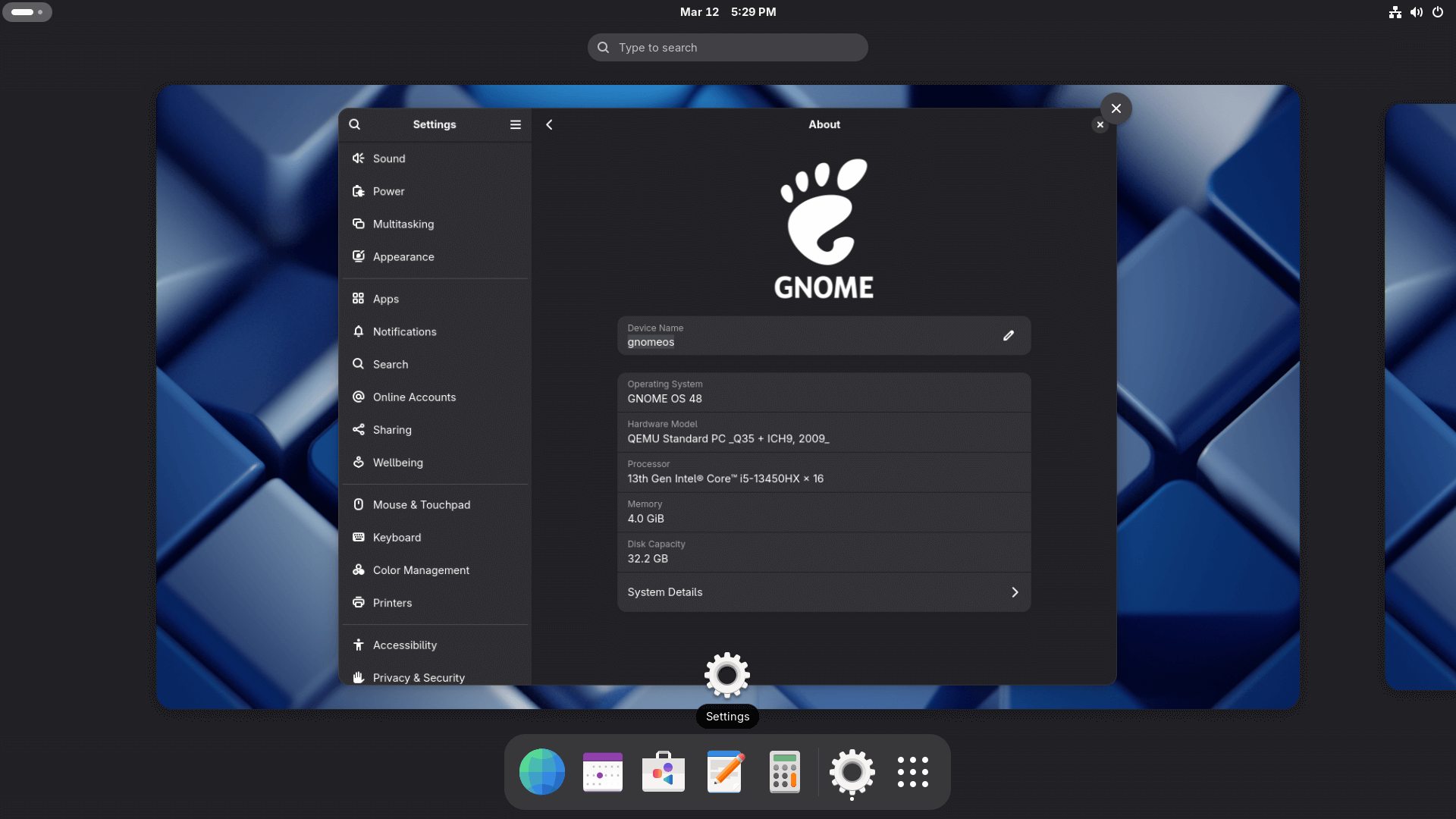 the overview view on gnome 48 with the about system page open in the settings app, the background has the new blocky-looking mixed blue wallpaper too