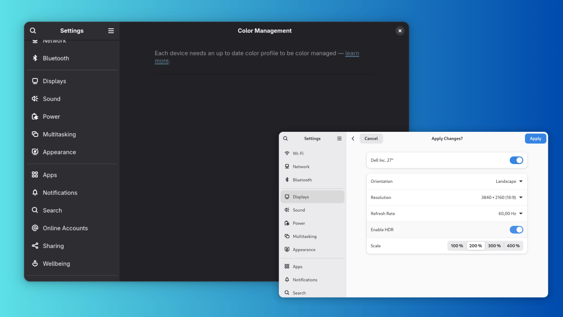 gnome 48 color management and hdr setting dialogs arranged diagonally against a blue gradient background