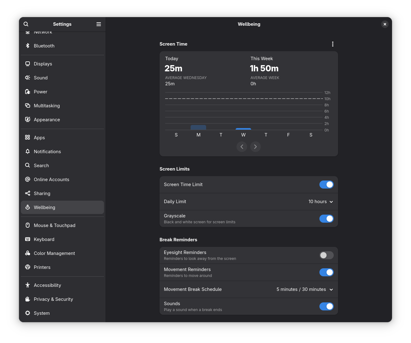 gnome 48 wellbeing feature in action with screen time limit grayscale, and movement reminders enabled