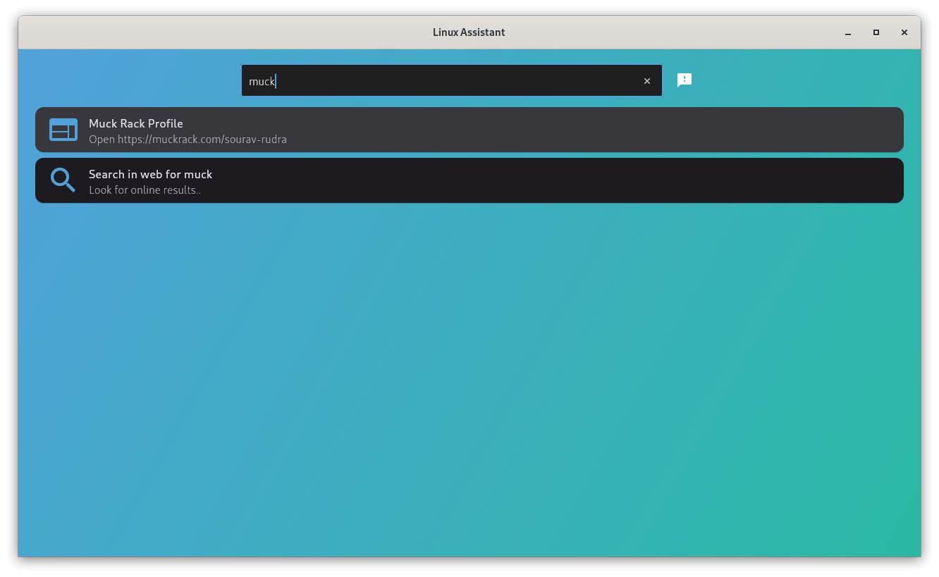 there is the term muck entered in the search bar with two search results being shown in linux-assistant