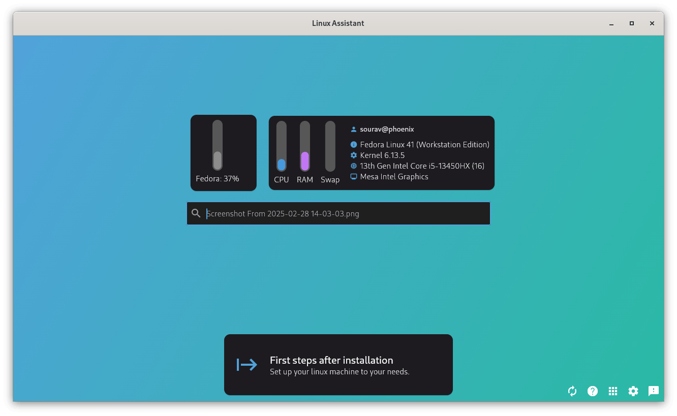 the dashboard view of linux-assistant with system specifications, status, a search bar, and some other options being shown