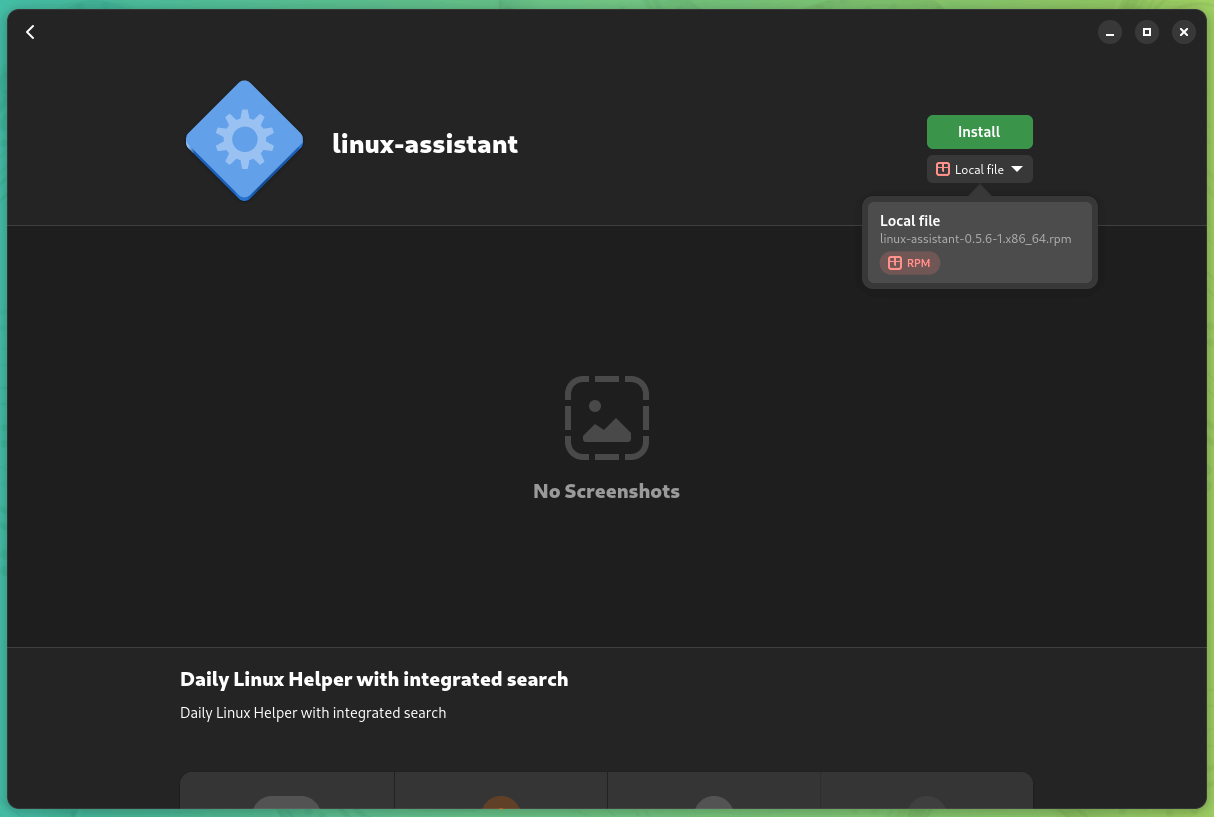 a window is open with an option to install the local rpm file for linux-assistant