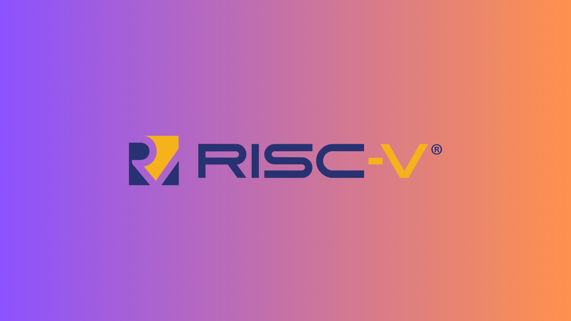 the image has a pink and orange gradient background with the risc-v logo in the middle