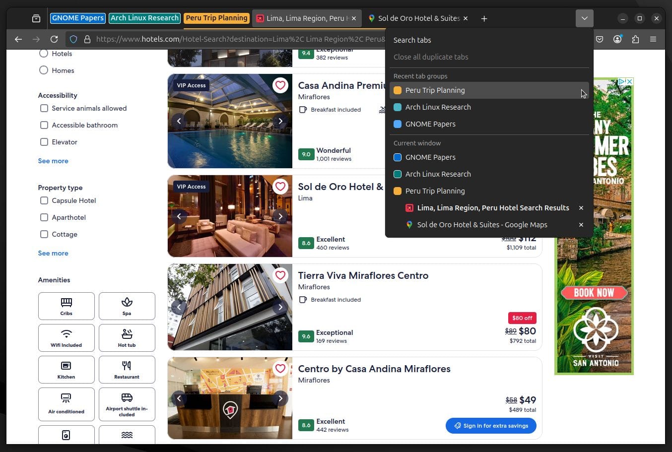 firefox tab groups list being shown with a hotels.com webpage for hotels in lima,peru being open in the background