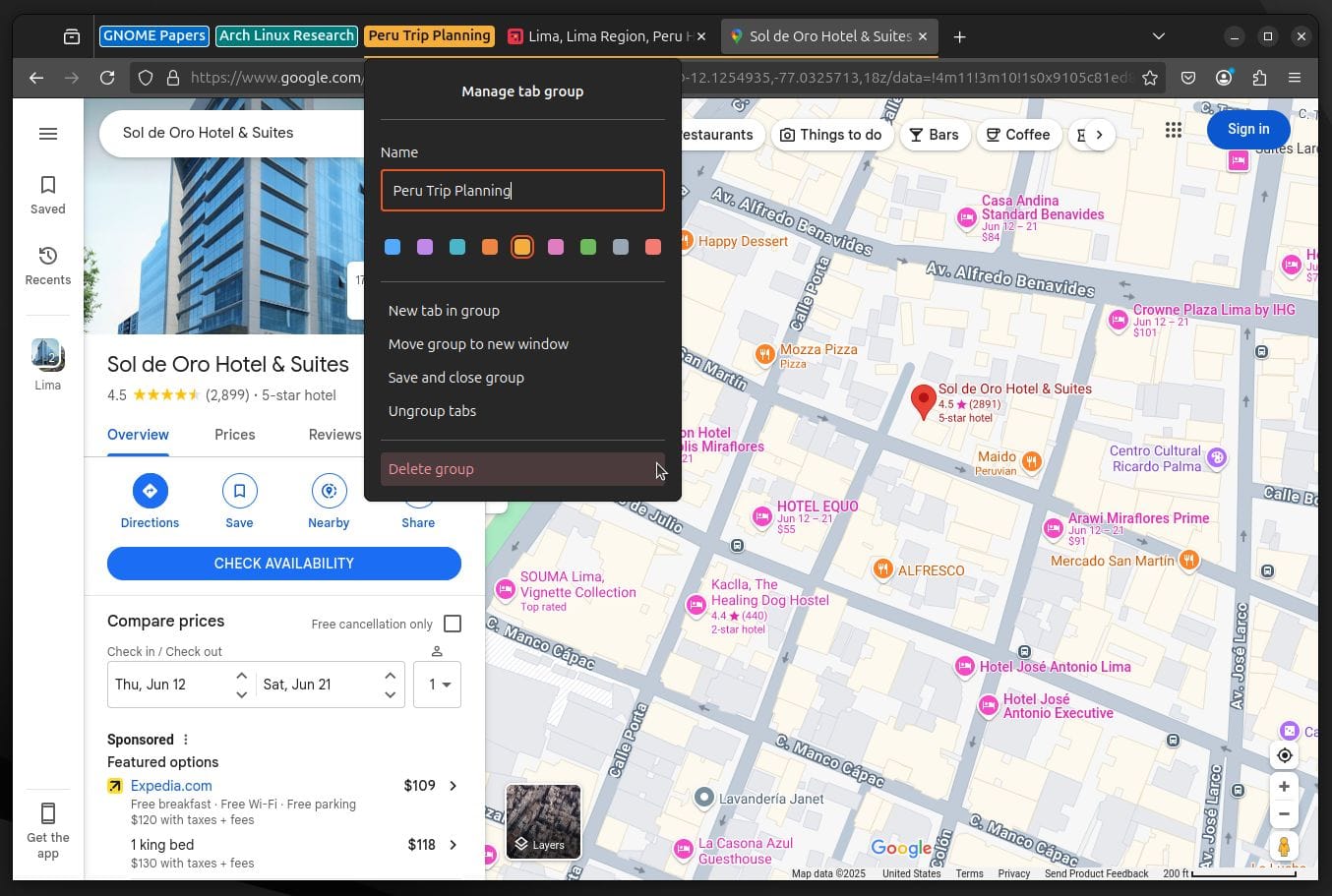 firefox tab group management dialog open with the mouse cursor on the delete group option