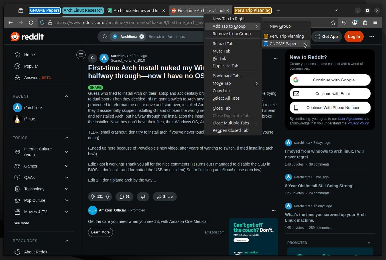 firefox tab groups tab management dialog with many options being shown