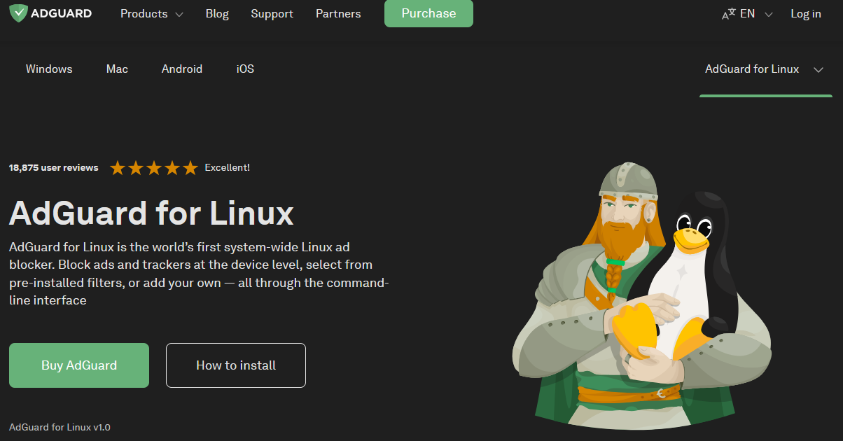 a screenshot of the official adguard website with the adguard for linux page open