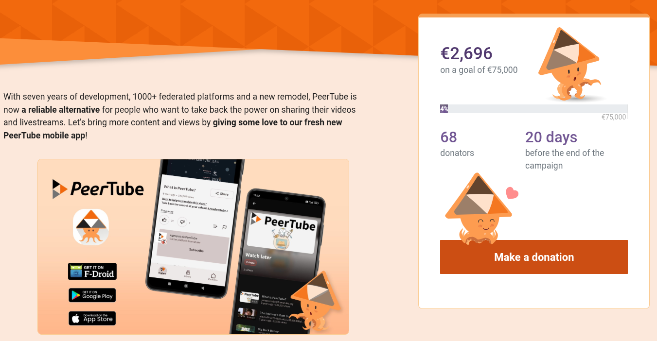 a screenshot of the peertube donation landing page, with a banner and a donation progress box being shown