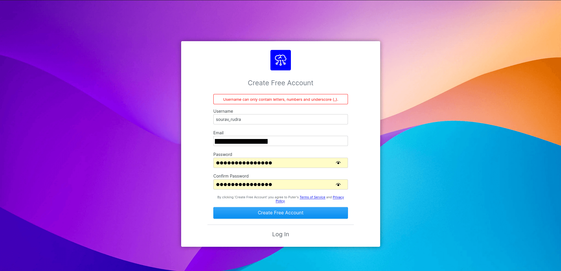 a screenshot showing a failed attempt of creating an account for the puter live demo