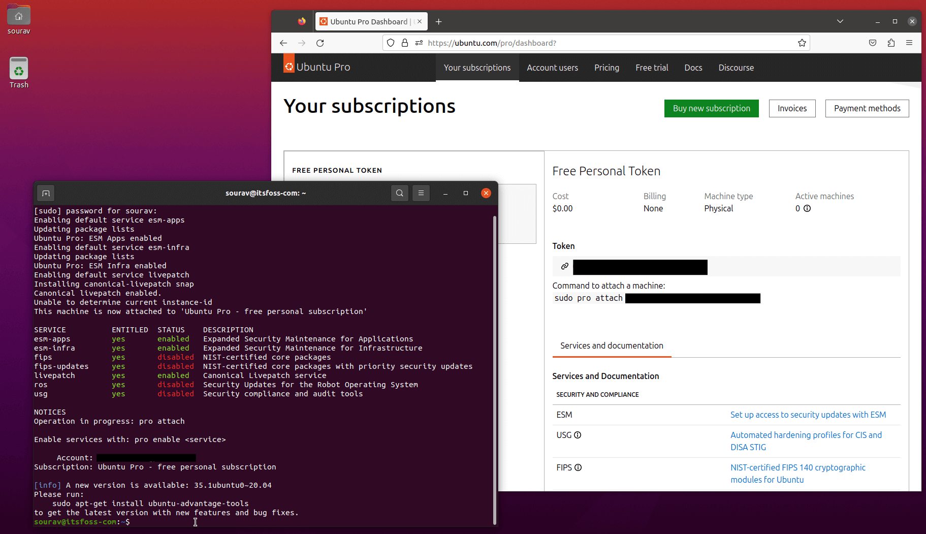 a screenshot that shows a terminal window with the sudo pro attach command in action, with firefox in the background showing the ubuntu pro dashboard with a free personal token