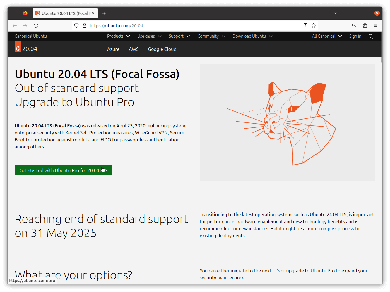the ubuntu 20.04 lts focal fossa page that shows a notice that standard support is over, and nudges people to upgrade to ubuntu pro.