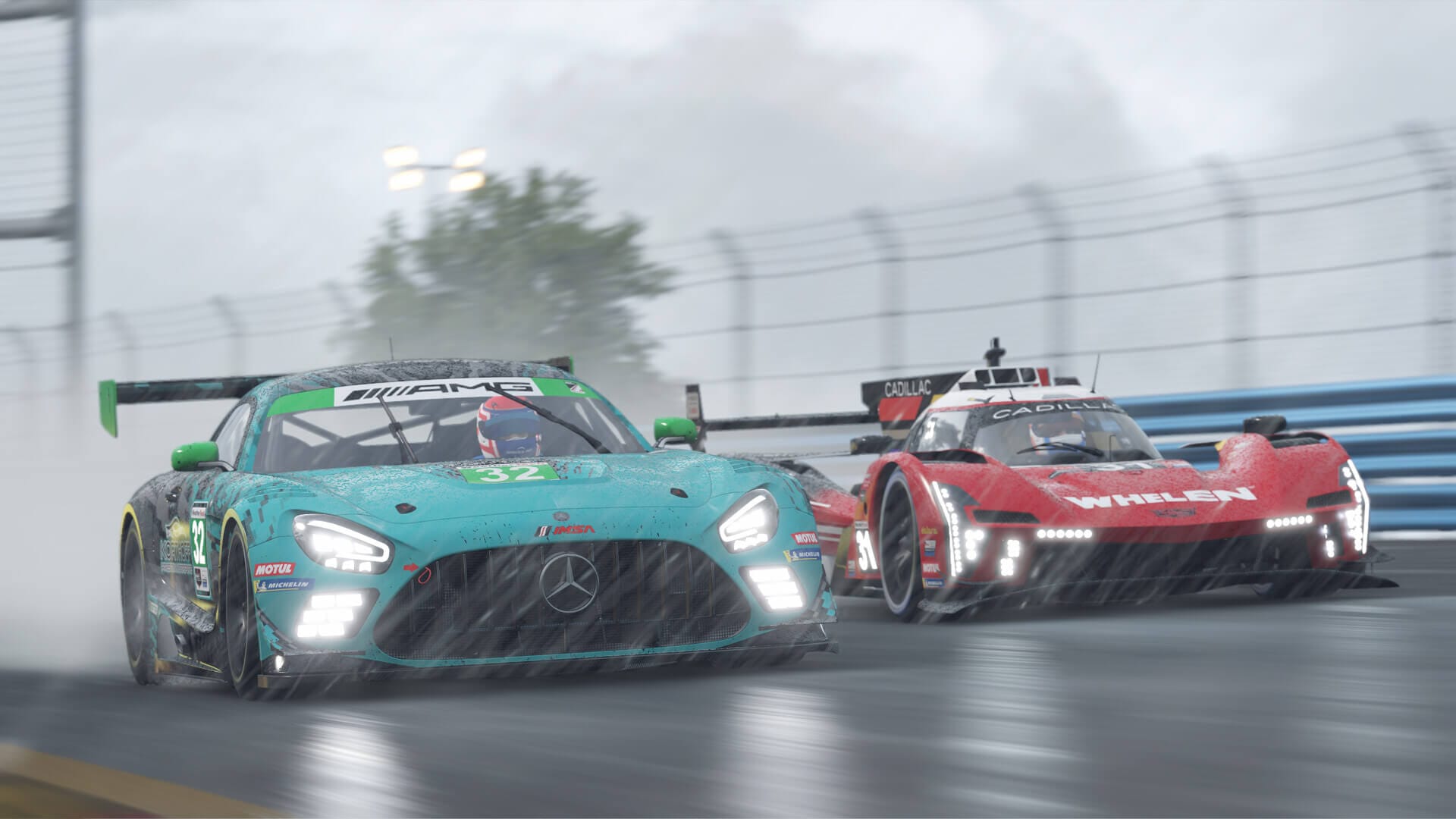 a mercedes gt car and a cadillac lm series car is shown on a rainy track 