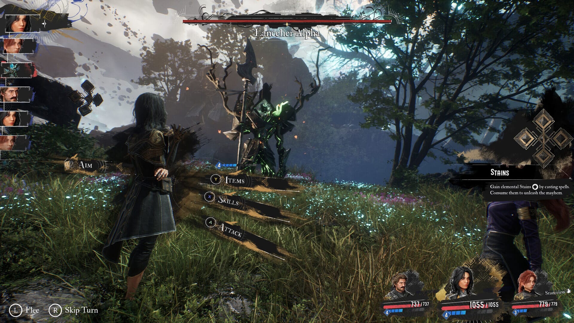 a game character is seen standing off against a boss, and the interface for the game is shown