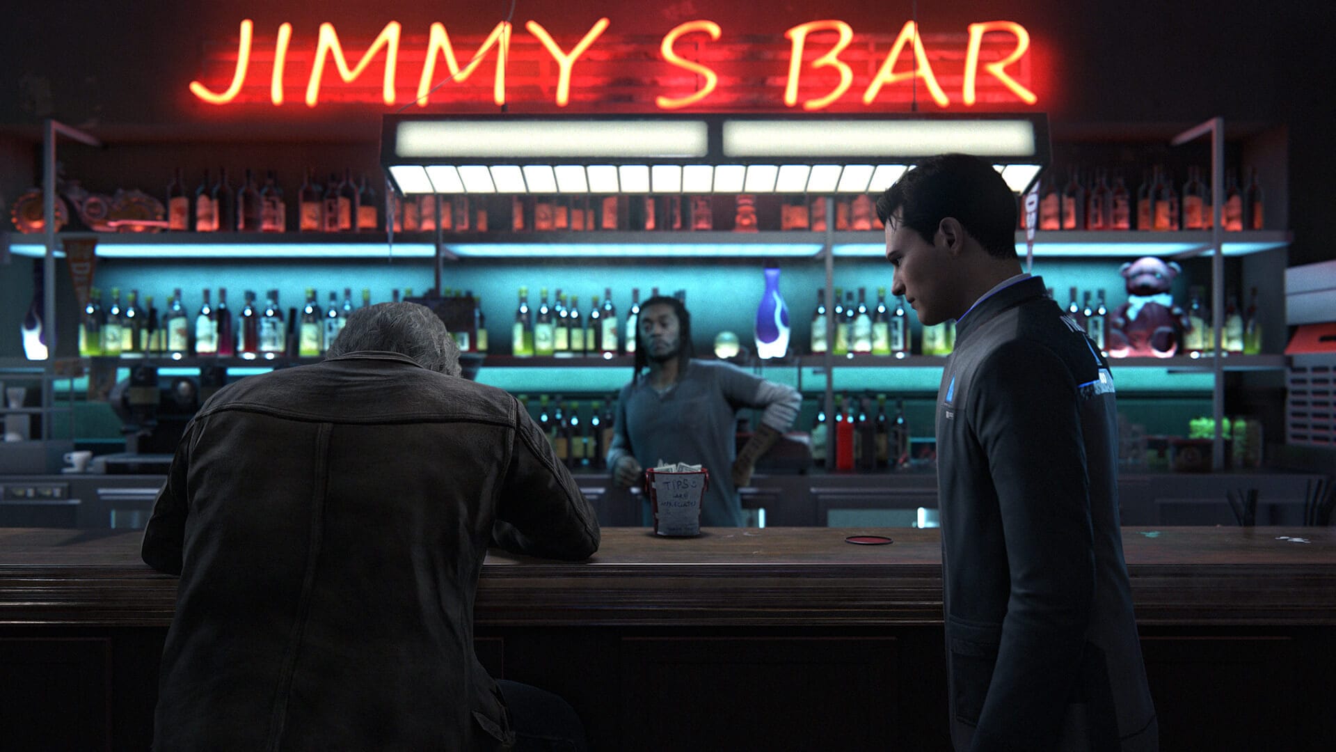 three game characters are seen in a bar called jimmy's bar, one is a bartender, and another is looking at man who is sat on a chair