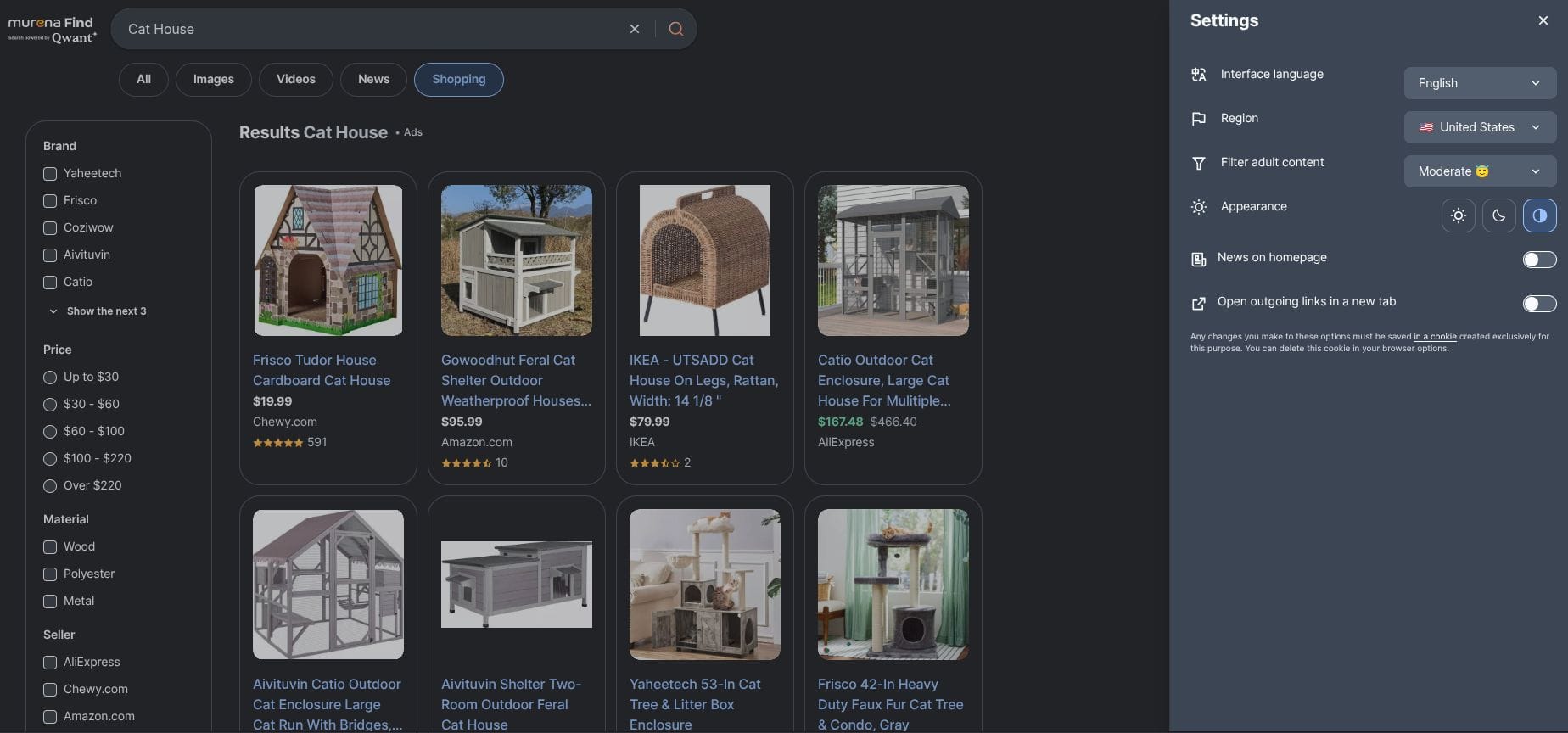 murena find's shopping page with the search term cat house entered, and the settings dialog with many options towards the right