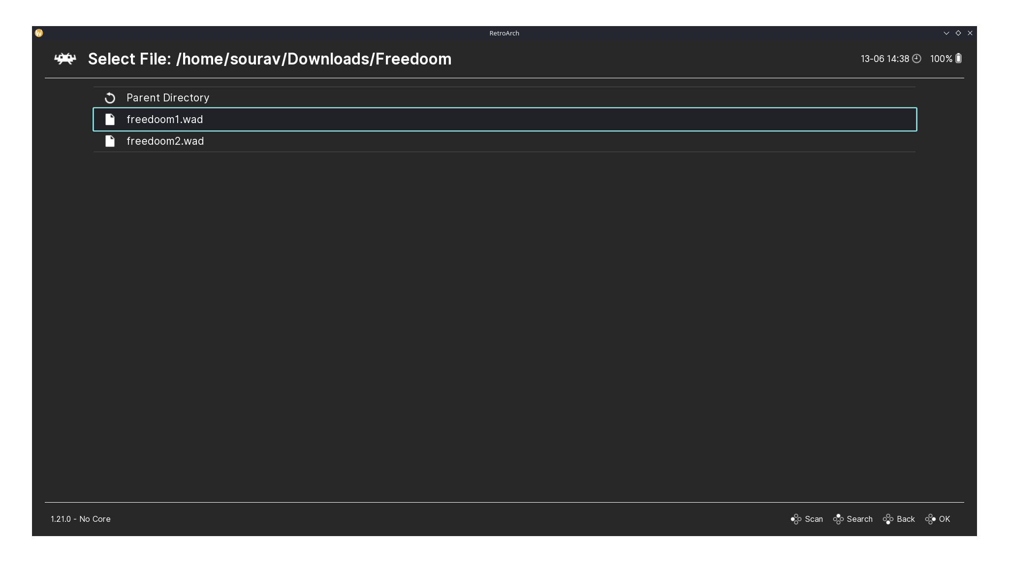 retroarch load content page in action, showing a directory where two freedoom .wad files are located