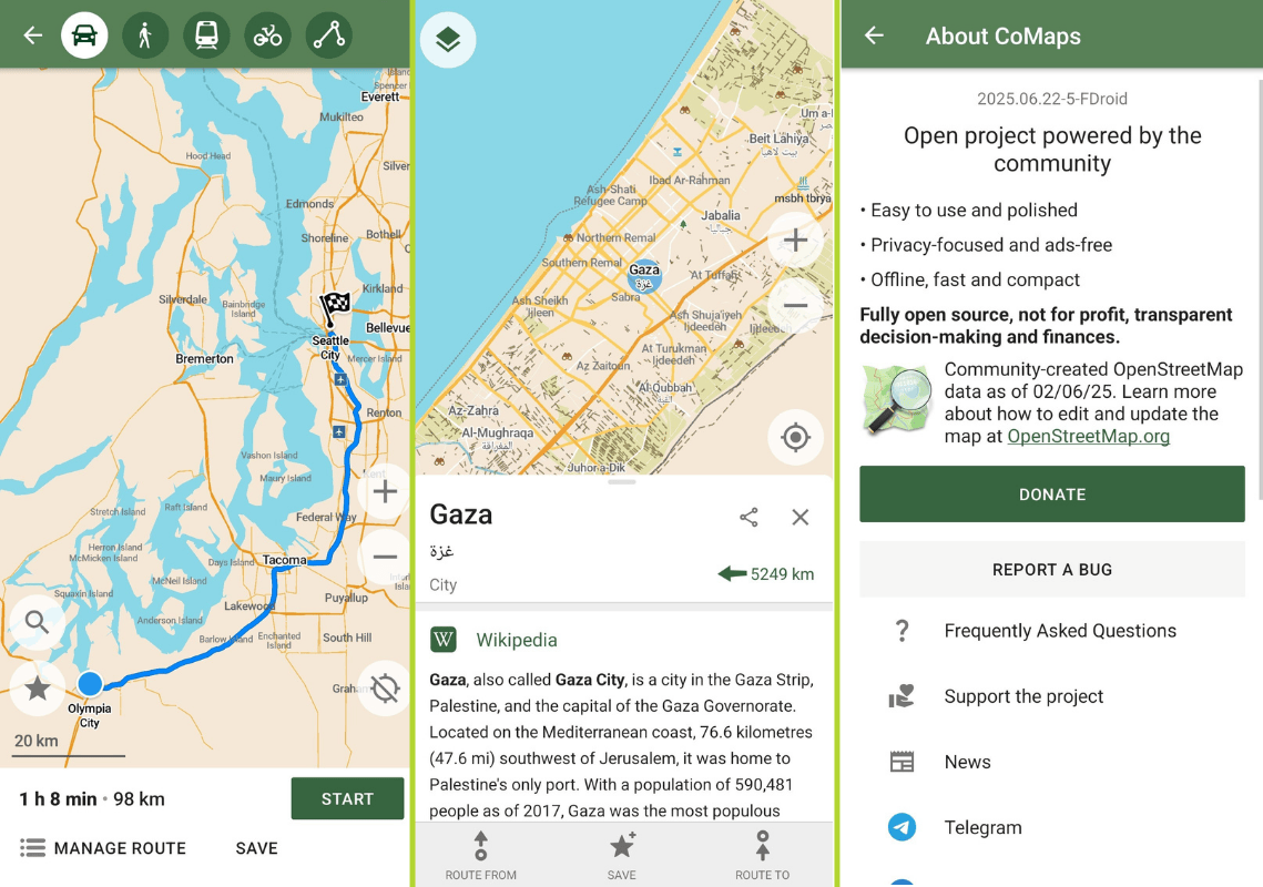a collage image with three screenshots of comaps, one shows navigation frm olympia city to seattle, the other shows wikipedia information for gaza, and the last one shows the about comaps page with version info and useful links