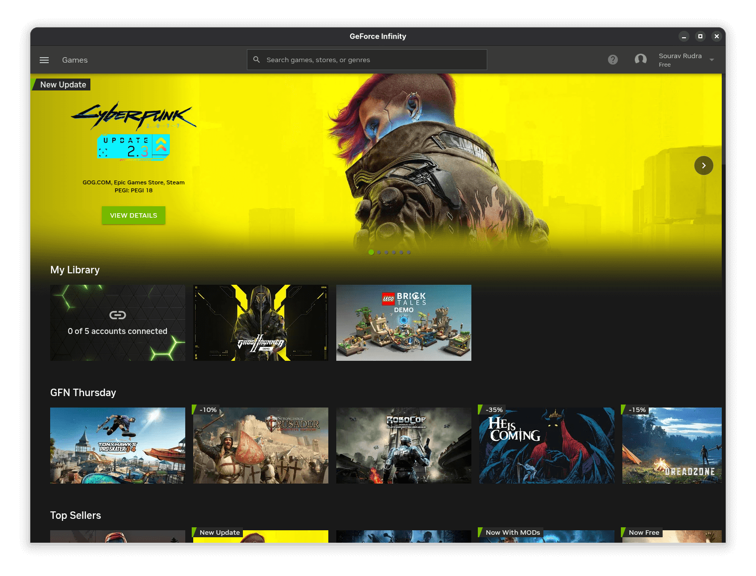 geforce infinity home page showing many games like cyberpunk 2077, ghostrunner 2 demo, lego bricktales demo, robocop, and a few others