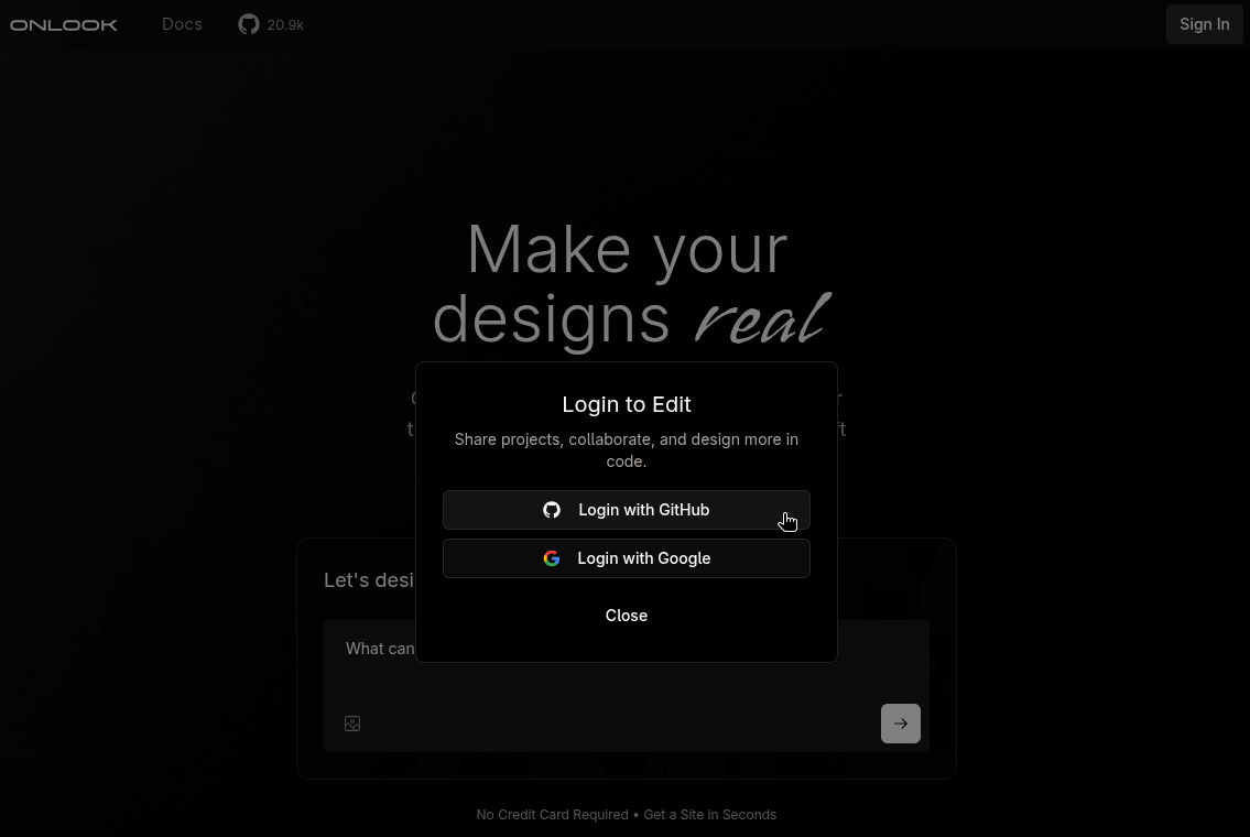 the login dialog for onlook, that says: login to edit share projects, collaborate, and design more in code; there are two buttons below to login via github and google