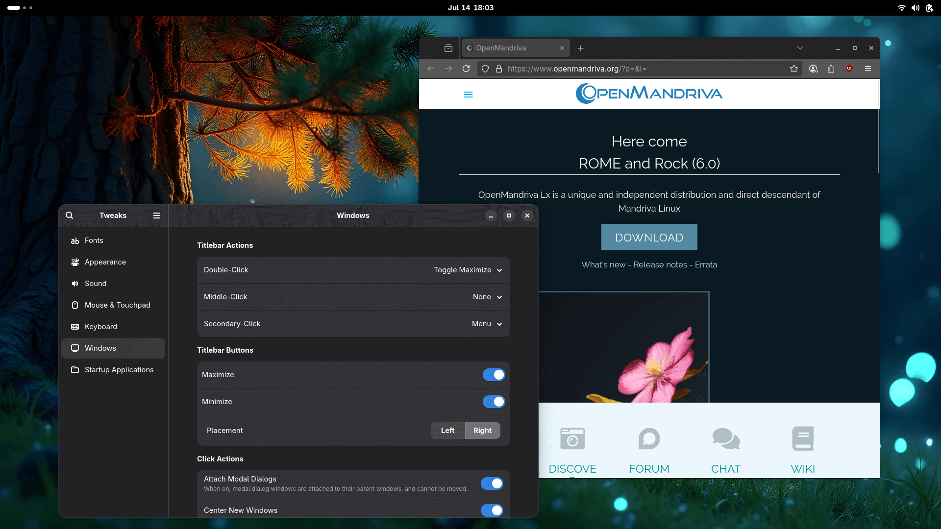 enabling the titlebar buttons for minimizing and maximizing app windows using gnome tweaks on openmandriva lx rock