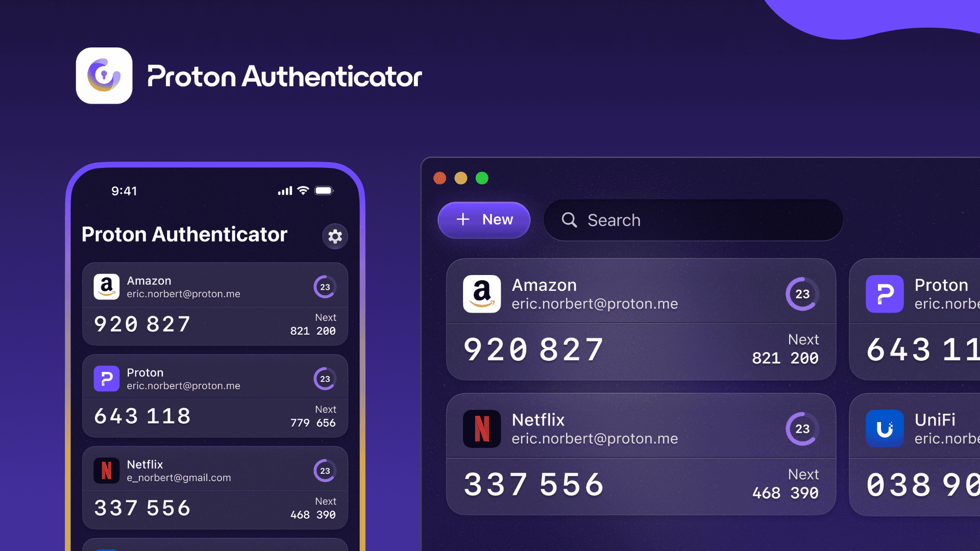 a banner that shows the ios app for proton authenticator on the left, and the macos app for it on the right, both have some amazon, netflix, and proton accounts added with their 2fa codes being visible