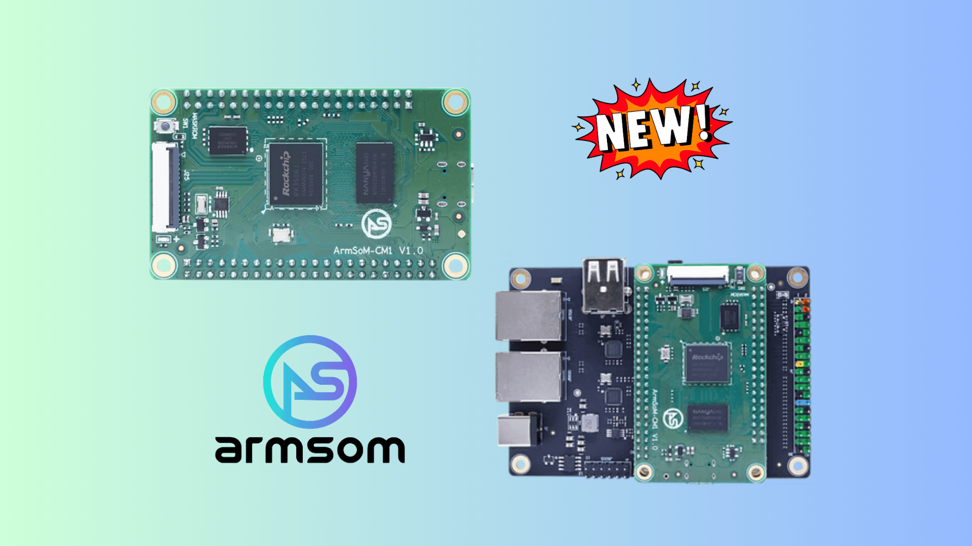 the armsom cm1 is shown twice here, once in a standalone manner, one where it is installed on an armsom cm-io carrier board, the armsom logo is on the bottom left, and an illustration that says "new" is on the top right