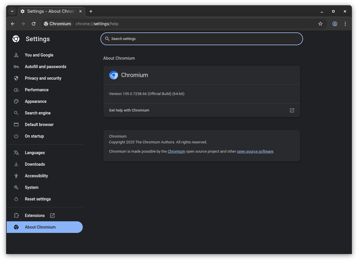 a screenshot that shows the about tab of chromium with version info