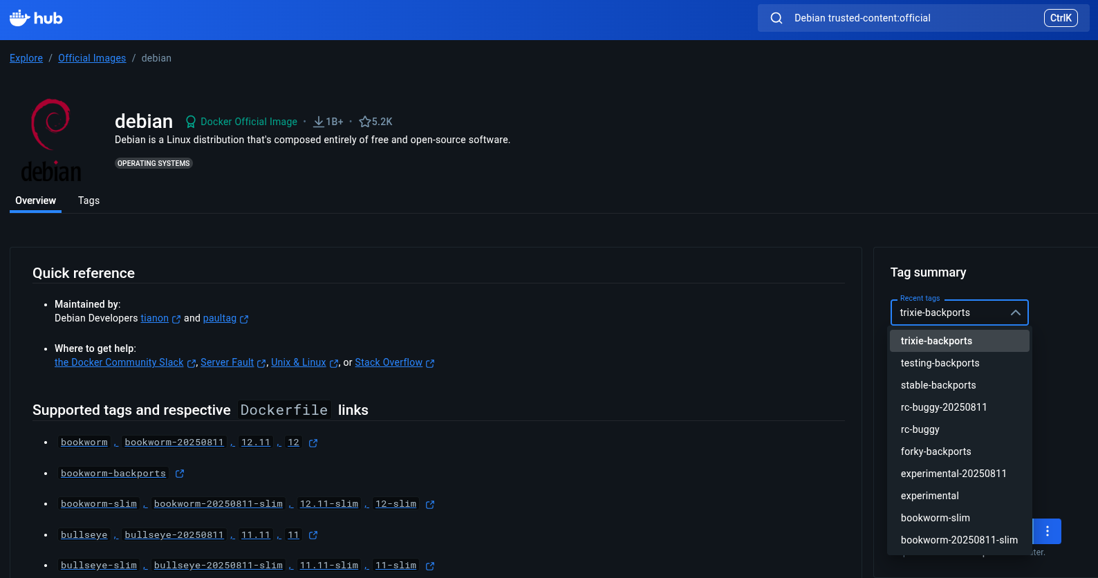 a screenshot of the docker hub page for the official images of debian, there are many tags being shown like bookworm, bullseye, trixie, etc.