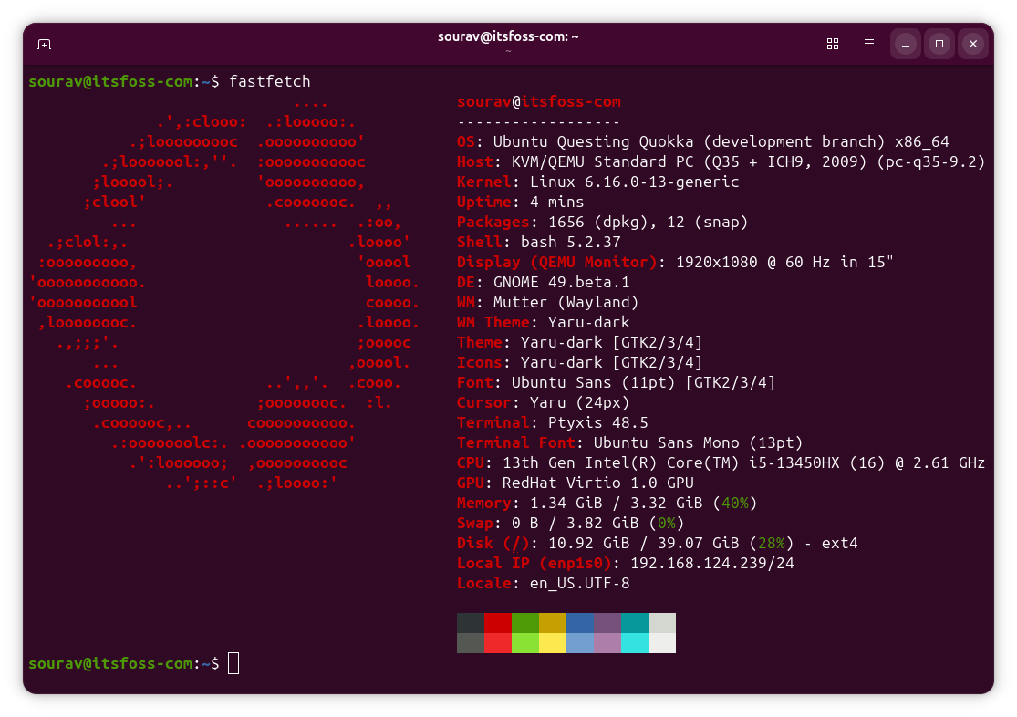 a terminal window is showing the fastfetch output for a development build of ubuntu 25.10