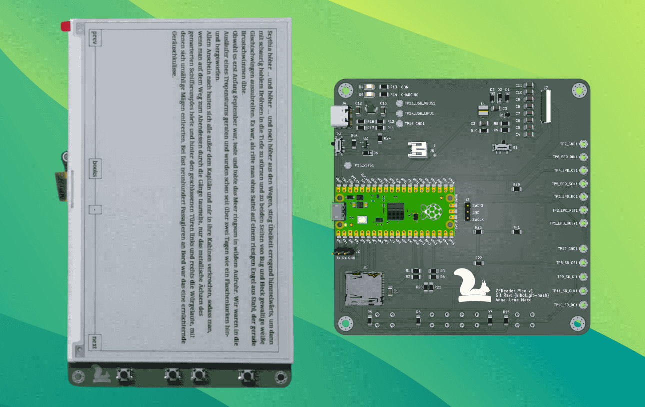 a side by side view of a fully assembled zereader (left) and its pcb design (right)