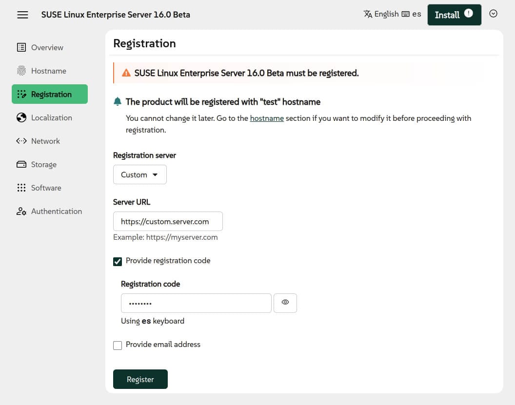 the registration page is shown in agama 17's new custom repository mirroring tool registration feature 