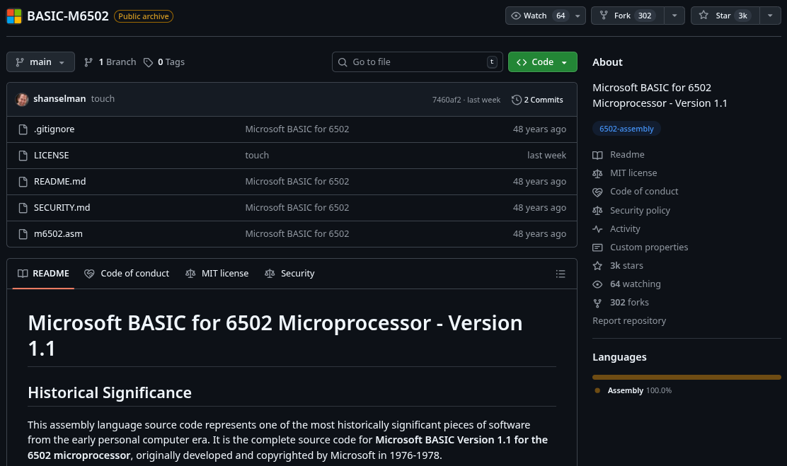 this is a screenshot of the github repository for "microsoft basic for 6502"