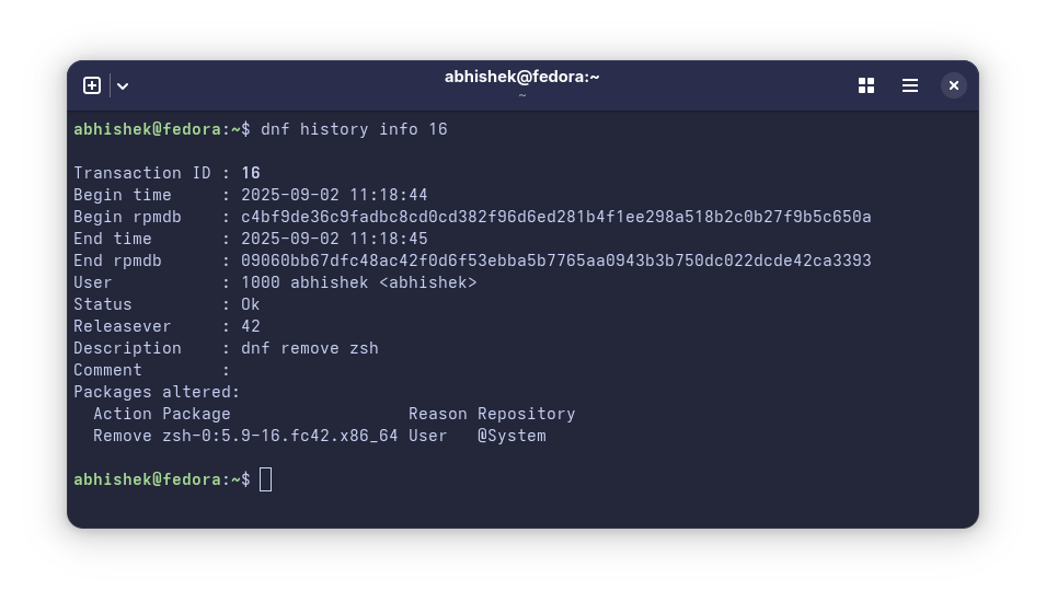 Details on a DNF package operation in history