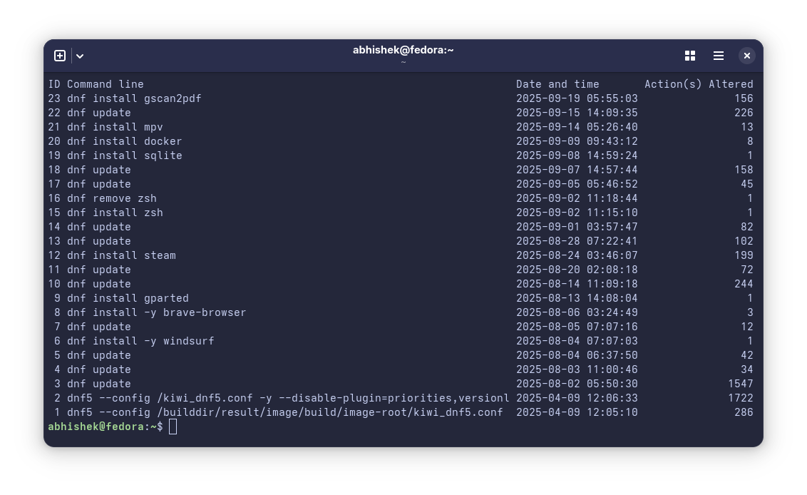 dnf history list