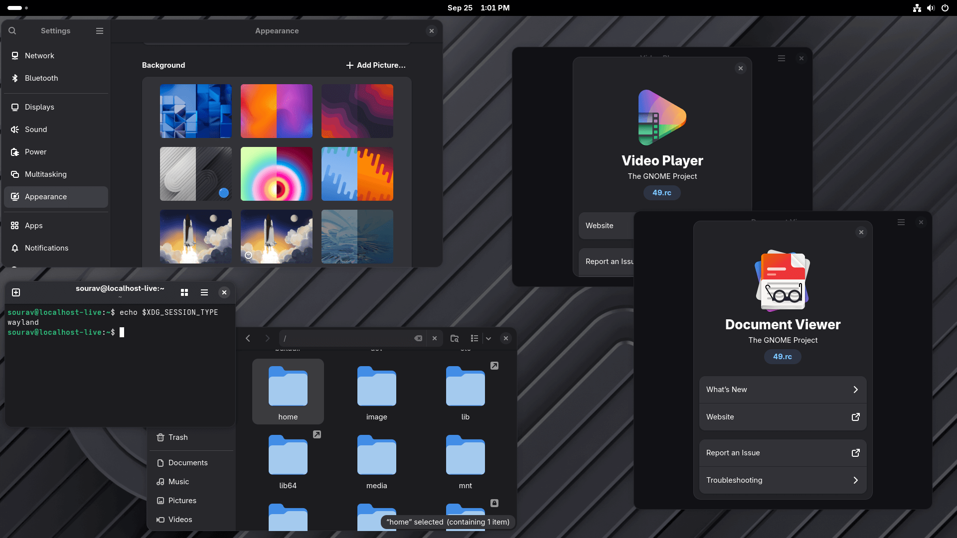on the left, there is the appearance dialog, a terminal window showing the session type (wayland) and the nautilus file manager, on the right are the two new apps, showtime (video player) for video, and papers (document viewer) for document viewing