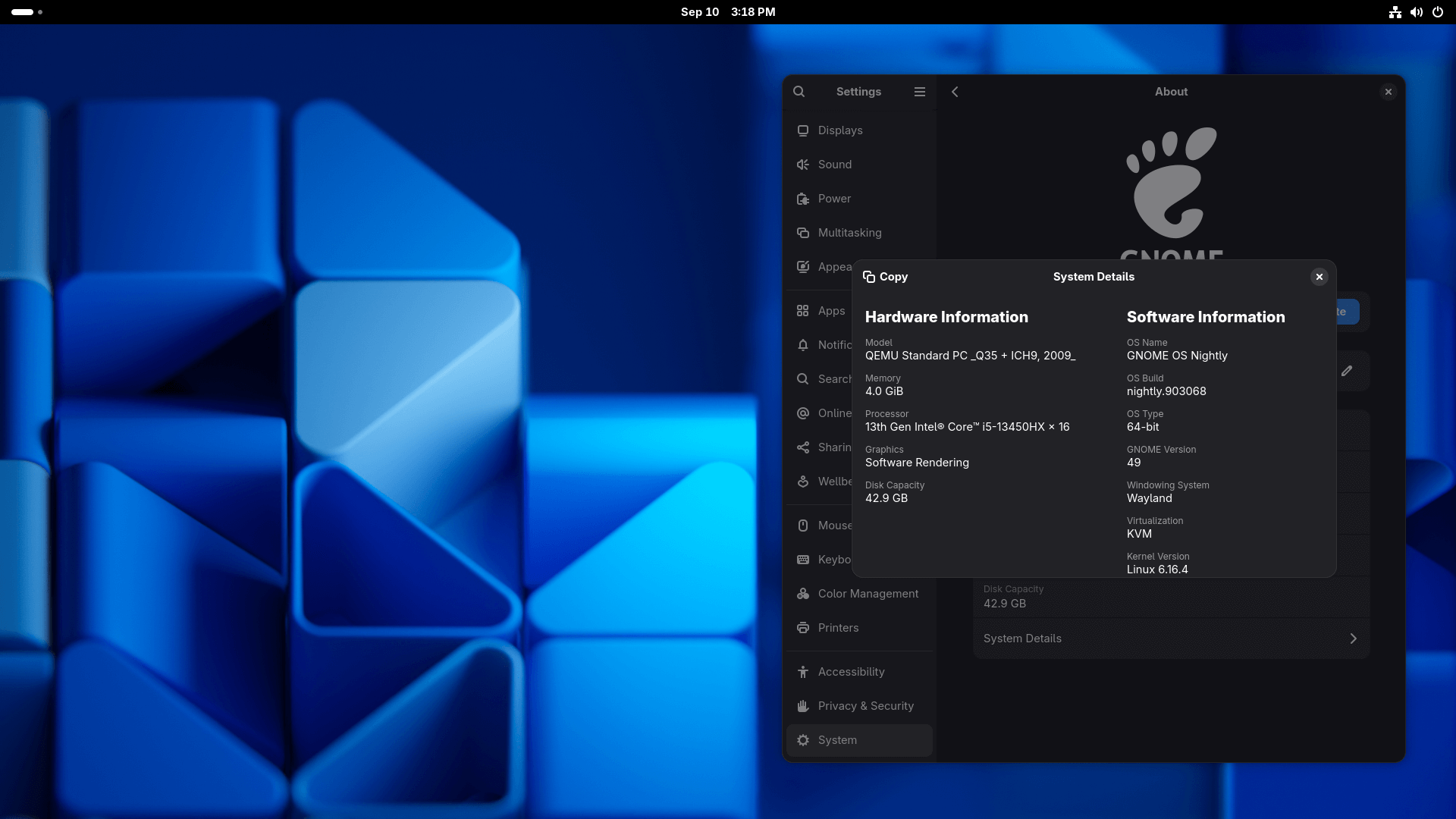 the system details are shown on the right on a gnome os nightly installation running gnome 49