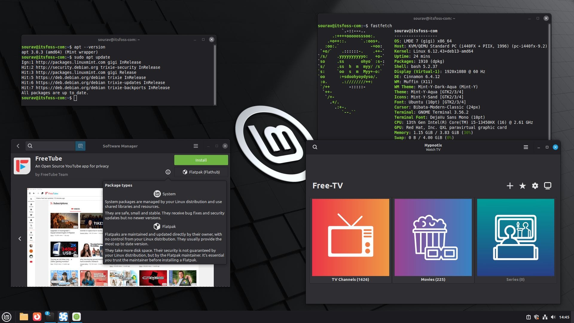 this is a screenshot of the beta build of lmde 7, which has four app windows open, on the left hand side, there is a terminal window with the apt --version and sudo apt update commands run, below it is the updated sofware manager, on the right is another terminal window with a fastfetch output inside it, and below it is the hypnotix app