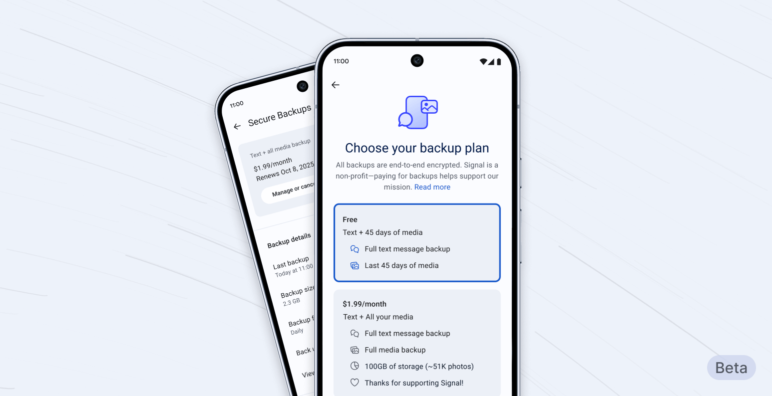 the middle of this photo shows two illustrations of smartphones with info on the new secure backups feature of signal being shown