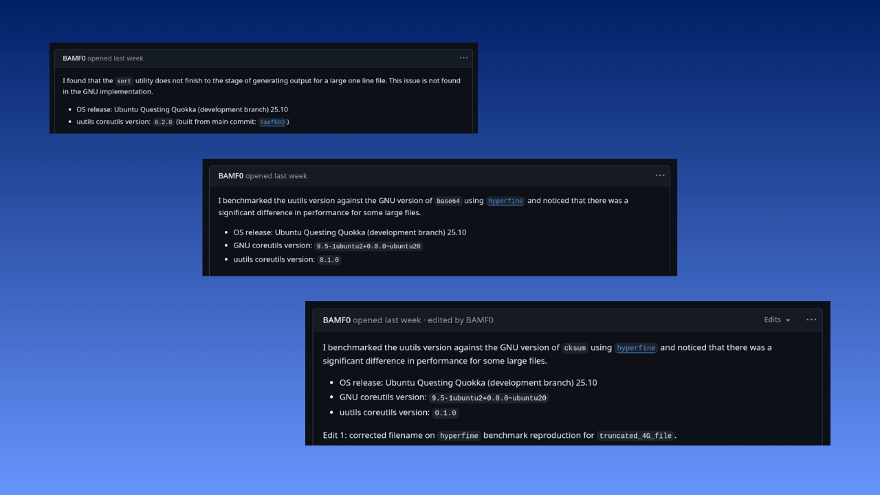 this image has a blue colored background with three screenshots of github issues opened by the same person on uutils' repository