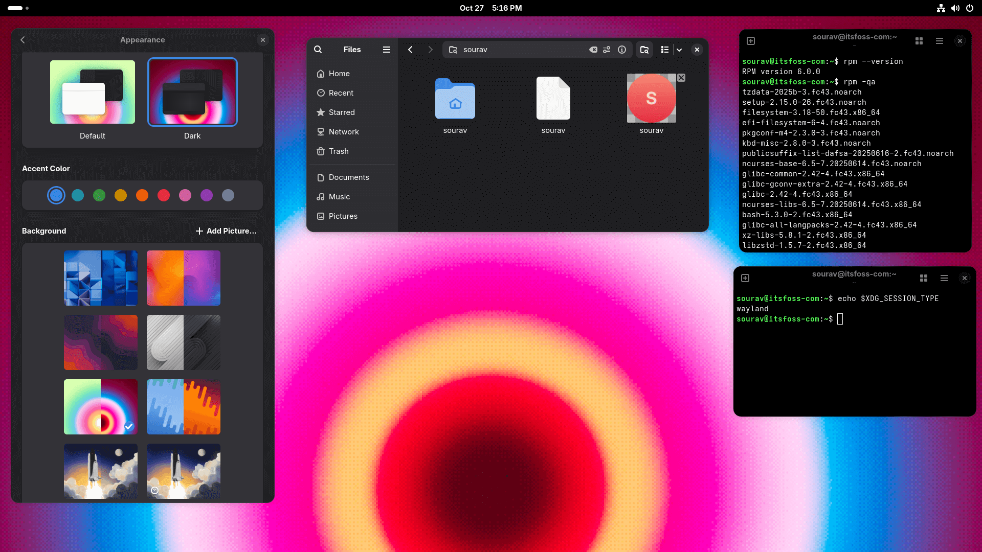 fedora 43's gnome 49 impementation is being shown here with the appearance menu on left, nautilus file manager in the middle, and two terminal windows on the right that show some command outputs to show rpm version (6.0) and the session type (wayland)