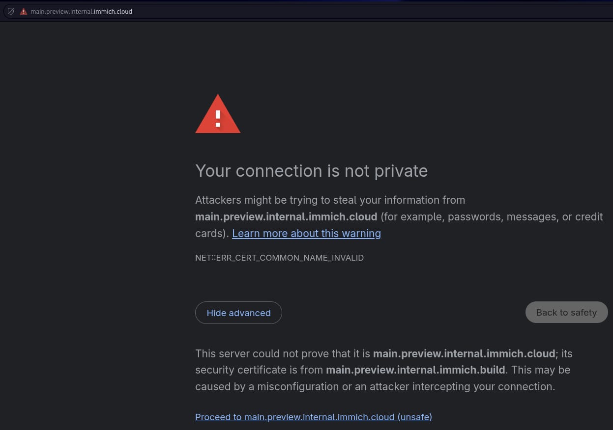 a cropped screenshot of vivaldi being used to access an internal immich url, there is an error that says "your connection is not private" with a bunch of text below it, and a small "proceed to url" text with hyperlink at the very bottom of the notice