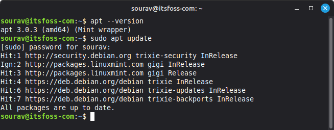 the outputs for apt --version and sudo apt update commands are shown inside a terminal window