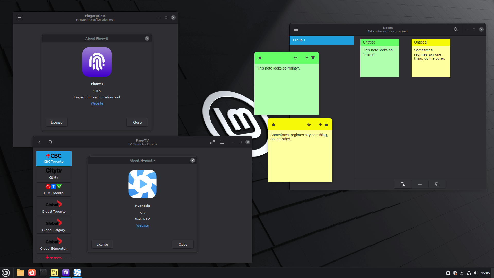 on the left, you will find the new fingwit app and the updated hypnotix iptv viewer apps, on the right you will find the notes (sticky) app with two floating notes open, the contents of which are, "this note looks so *minty*." and "sometimes, regimes say one thing, do the other."