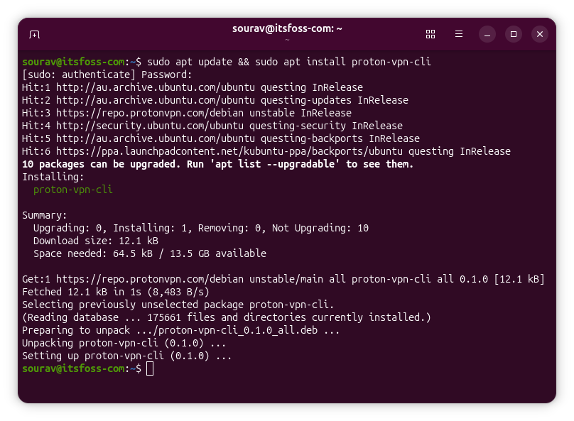 a terminal window that shows the sudo apt commnand used to install the cli version of proton vpn on an ubuntu system