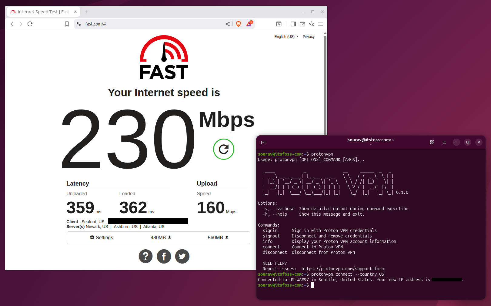 a desktop snippet that shows a terminal window on the right with the proton vpn cli version running, with the results of a internet speedtest shown on the left, the web browser used there is brave browser, and the service to test internet speed is fast.com