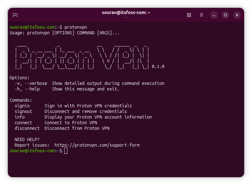 a dark pink terminal window that shows proton vpn's cli client running with some important options and commands for it shown below